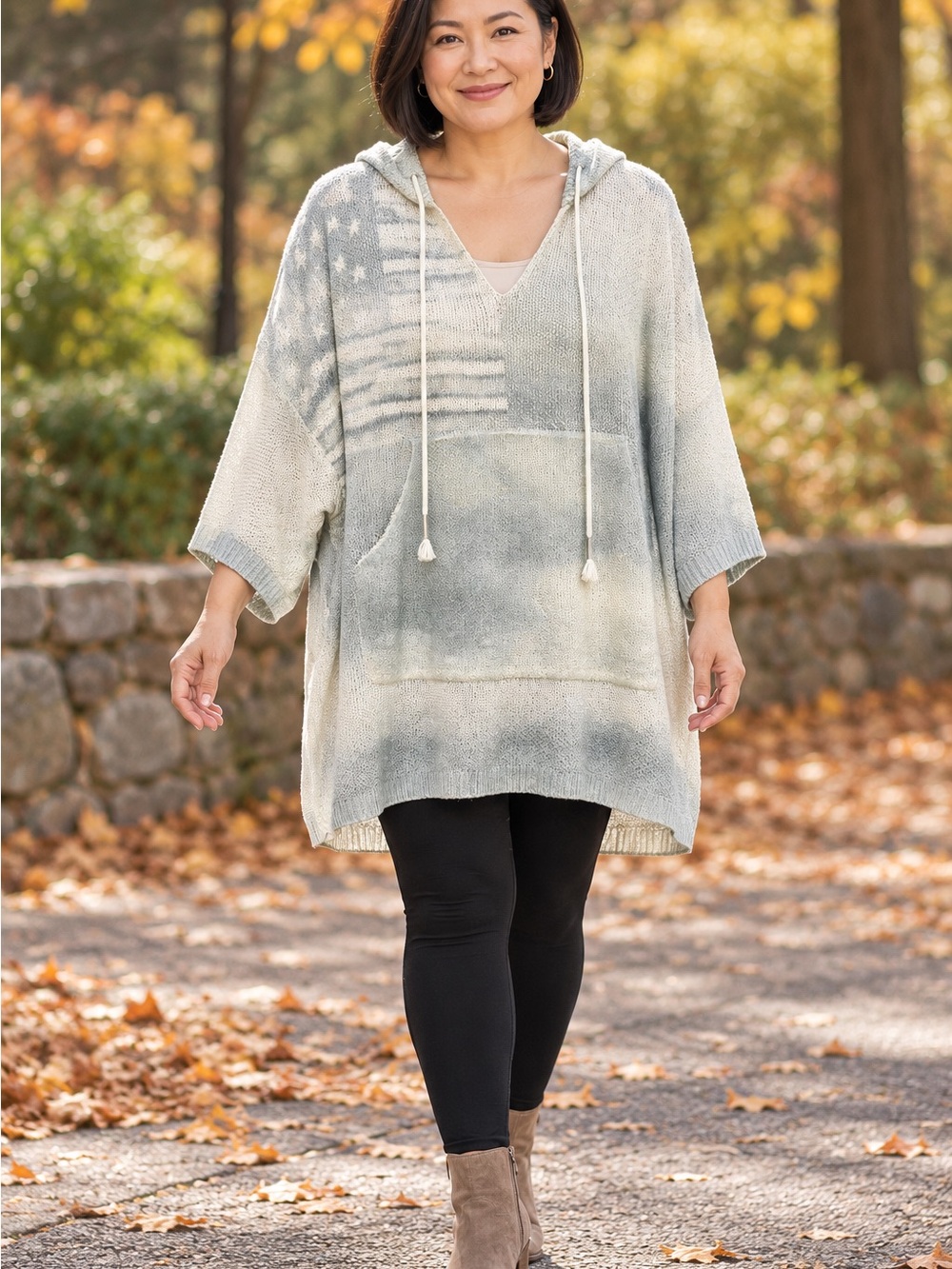 POL Hooded Knit tunic in Light Gray Ombre with Flag Motif